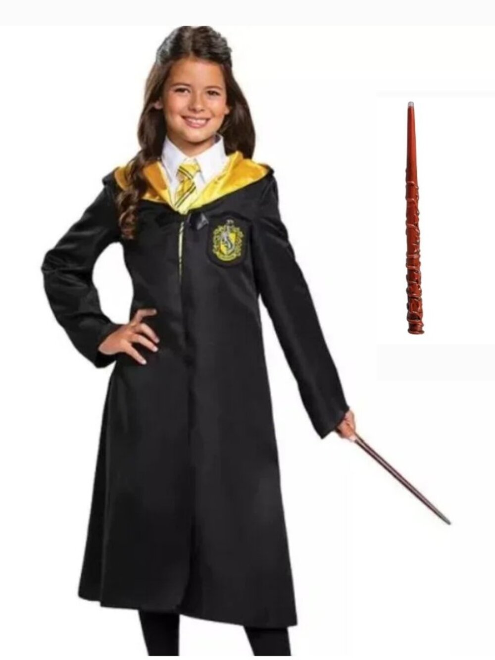 Harry Potter Hogwarts Robe & Light Up Wand Halloween Costume 7/8 Black Hooded